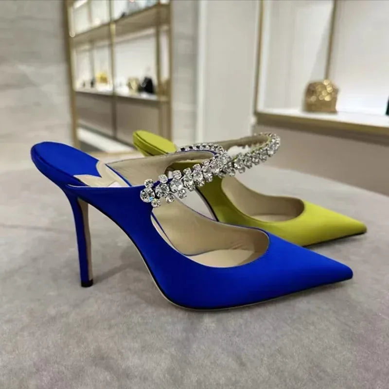 Women's Sandals 2026 New High Heels Fashion Water Diamond Chain Banquet Pointed Fine Heels Women's Muller Shoes