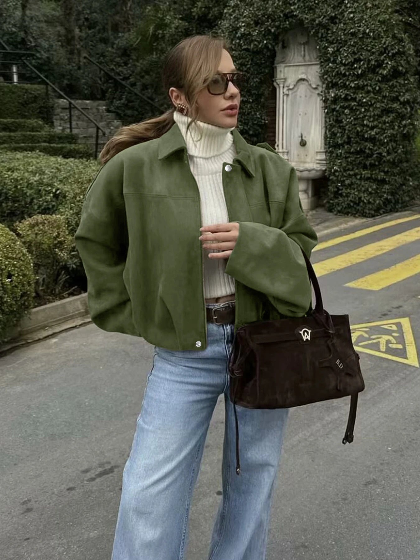 Women's Fashion Pilot Jacket with Bat Sleeves and Zipper, Casual Top