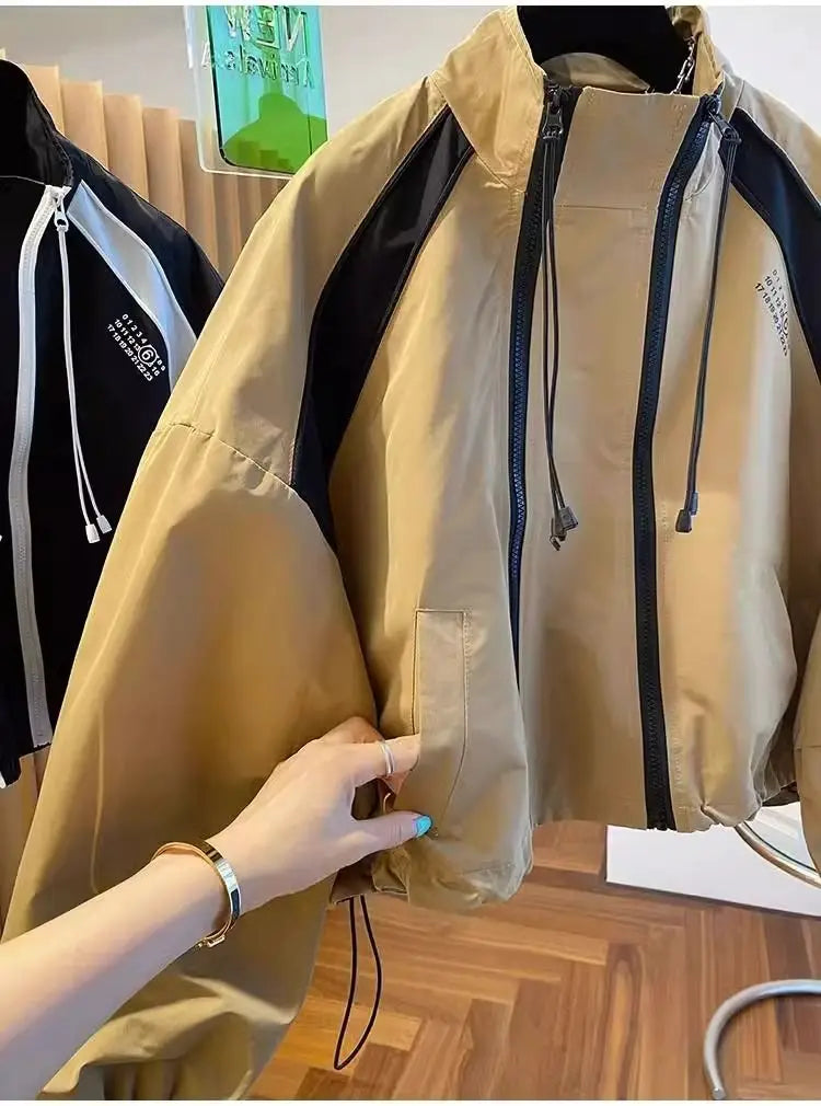 Design  niche loose casual stand up collar trench coat, women's spring and autumn short jacket double zipper