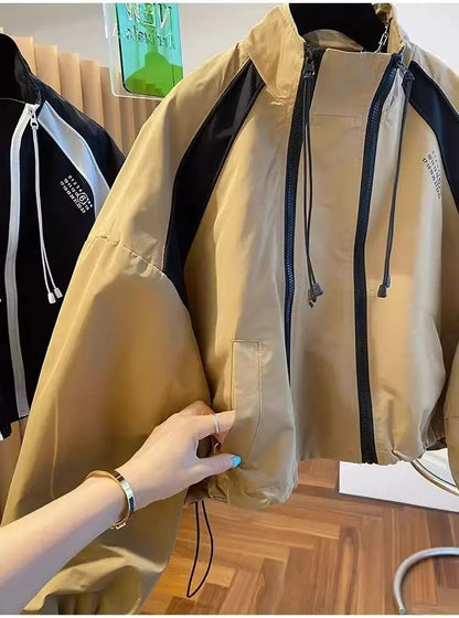 Design  niche loose casual stand up collar trench coat, women's spring and autumn short jacket double zipper
