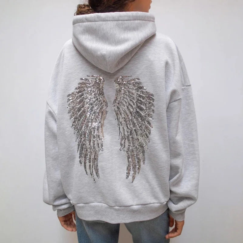 Spring autumn Women's Hoodie Trousers 2piece Set Solid Vintage Shiny Wing Print Long Sleeve Zip Up Casual Sweatshirt Streetwear