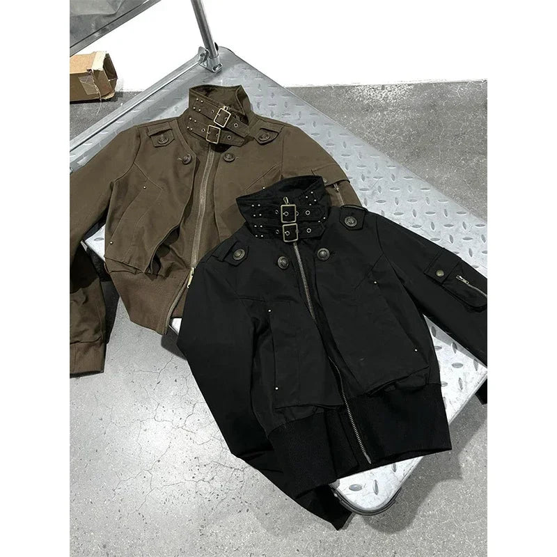 MEXZT Y2K Cropped Black Jacket Women Harajuku Vintage Stand Collar Coat Autumn Streetwear Grunge Long Sleeve Zipper Outerwears