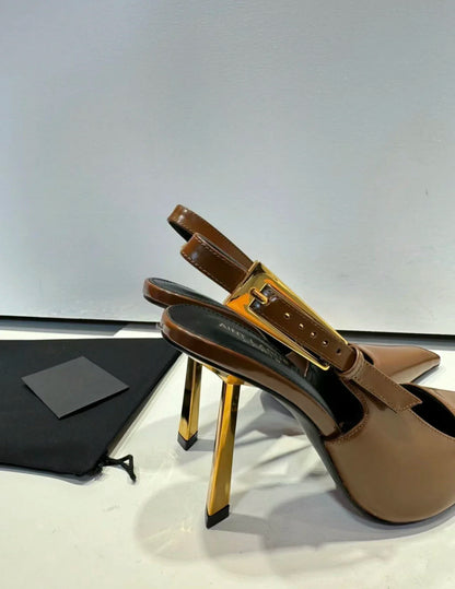 Black Pointed Toe High Heels Thin Heel Metal Cap Sandals Women's Shoes Elegant Painted Leather Sexy Fine Heel New 2025