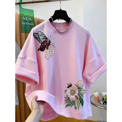 Original Heavy Industry Flower Butterfly Embroidered Pearl Beaded Short Sleeve T-shirt Women's European Style Luxury Fashion Top
