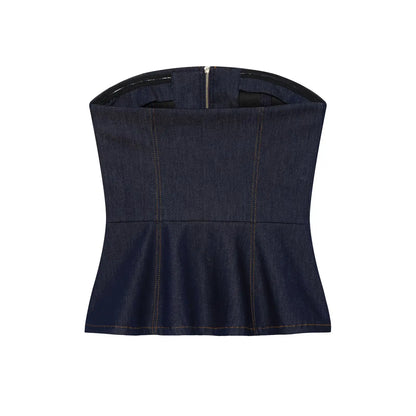 HH Women Summer Sexy Tube Top Zipper Sleeveless Short Top+Mid-Waist High Street Casual Trousers Fashion Denim 2-Piece Set