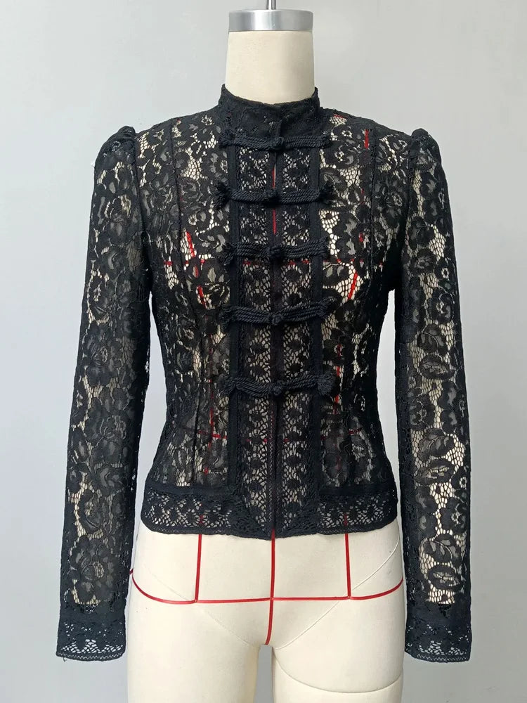 Tossy Summer Lace Printed Shirts Tops Female Hollow Out Fashion Commute Vintage See-Through Blouse Women's Lace Shrug Shirts New