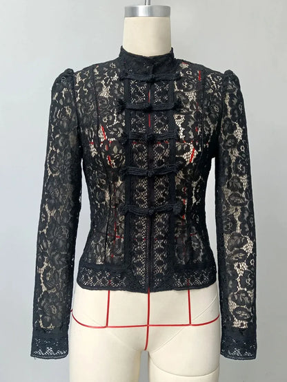 Tossy Summer Lace Printed Shirts Tops Female Hollow Out Fashion Commute Vintage See-Through Blouse Women's Lace Shrug Shirts New