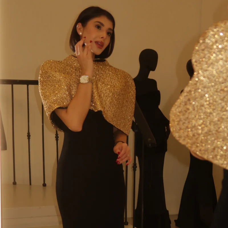 Women Elegant Gold Sparkle Capelet Top Shiny Tweed Shoulder Wrap Turtleneck Short Cloak New Lady Evening Club Party Tops 2026