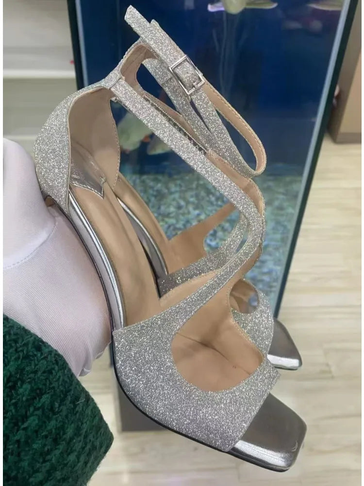 2026Ladies' Summer New Fashionable High-heeled Open Toed Sandals Square Toe Party Sexy 34-43Large Women's Shoes