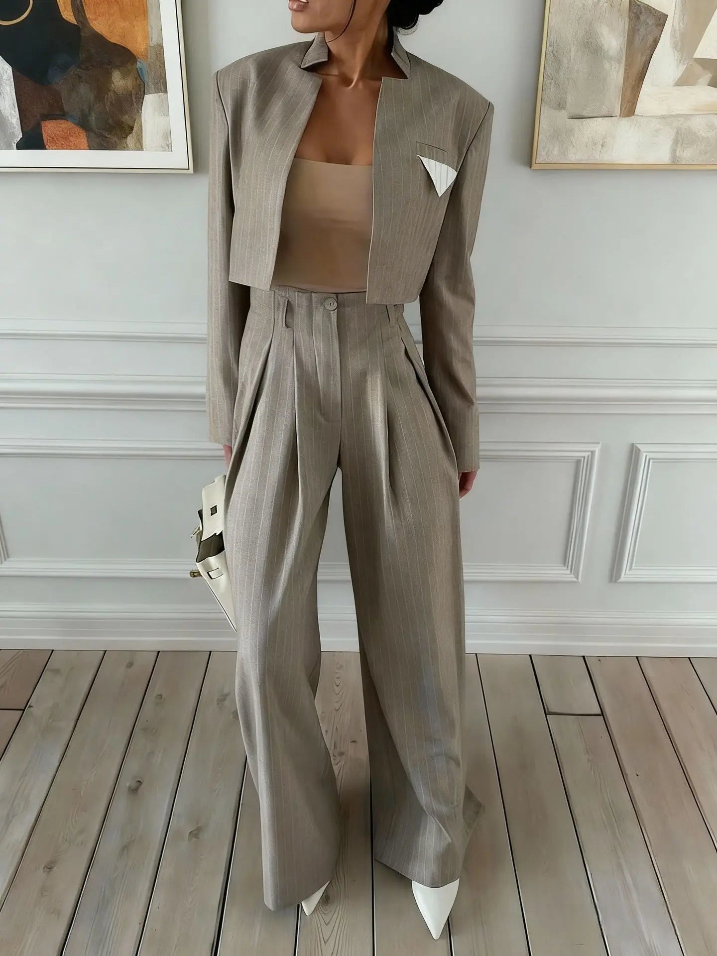 2026 New Gray Stripe Short Suit Jacket Top Loose Wide Leg Pants Two Piece Casual Women Fashion Suit Set