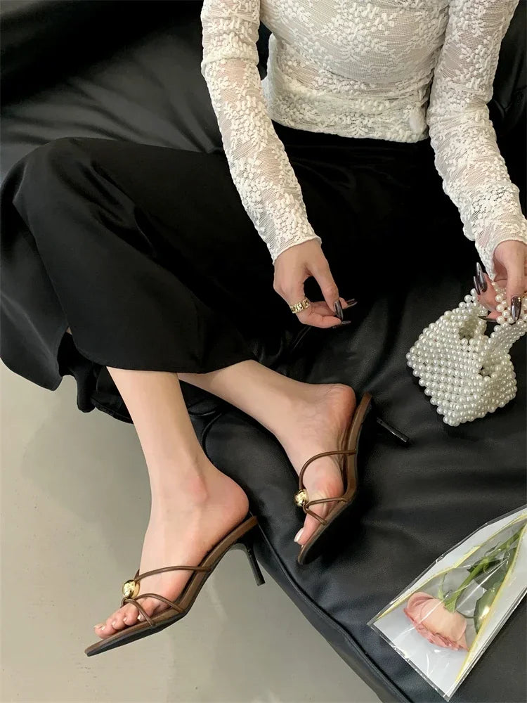 Aneikeh Fashion Low Thin Heels Design Narrow Band Women Slippers Narrow Band Round Head Sandal Mules Slides Shoes Zapatos Mujer