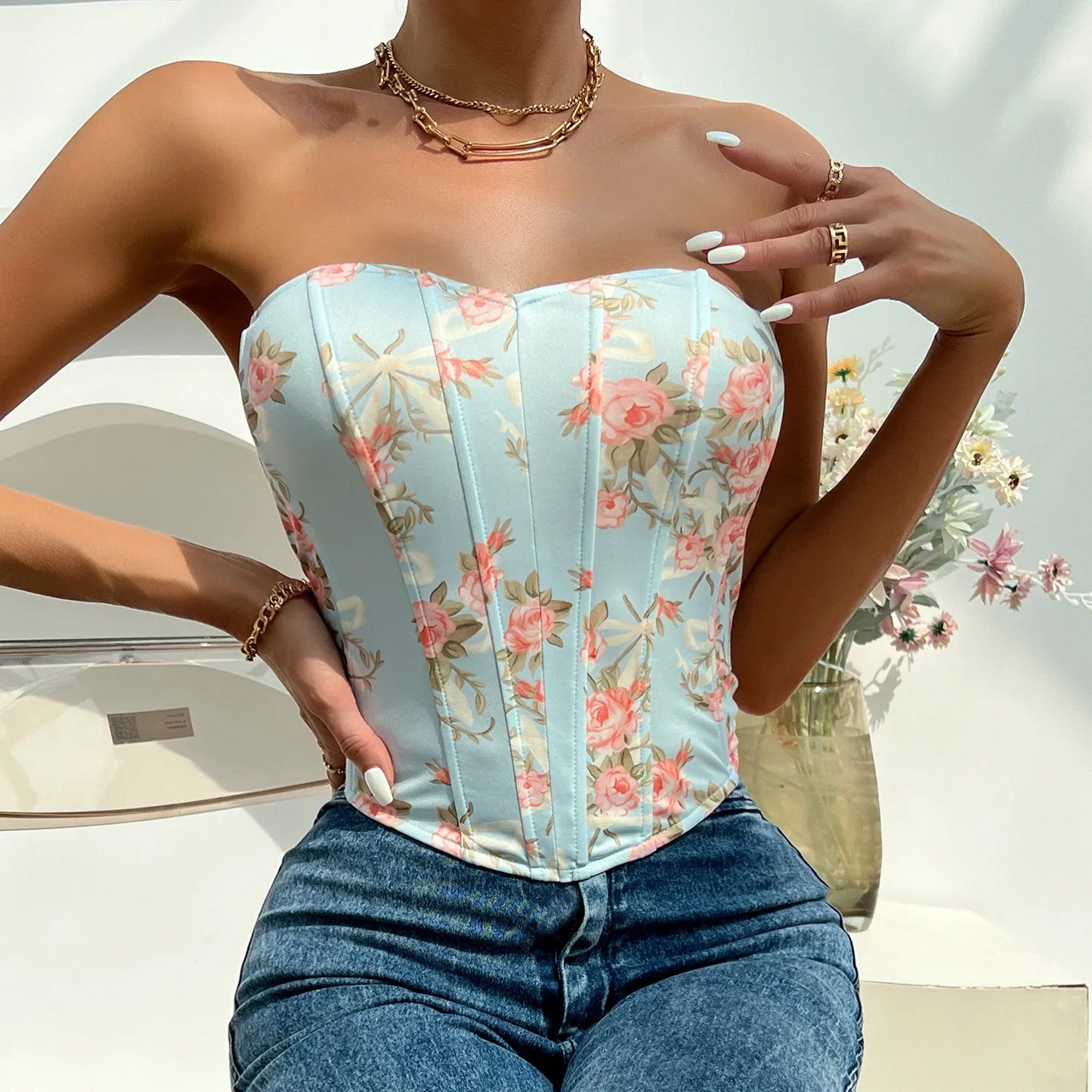 Women Floral Top Sexy Spicy Girl Tank Top Low cut Open Back Flower Wrapped Chest Diamond Fish Bone Strap Waist Vest Tank Top Y2K