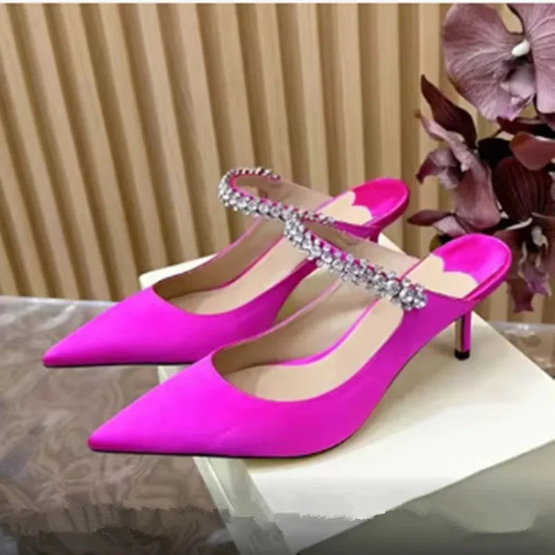 Women's Sandals 2026 New High Heels Fashion Water Diamond Chain Banquet Pointed Fine Heels Women's Muller Shoes