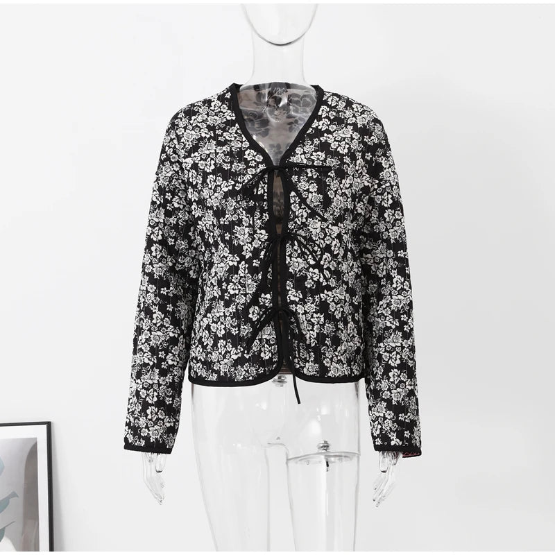 HH Floral Print Jacket For Women Autumn Quilted Reversible Cotton Coat Cardigan Long Sleeve Jackets Elegant Woman Streetwear