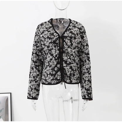 HH Floral Print Jacket For Women Autumn Quilted Reversible Cotton Coat Cardigan Long Sleeve Jackets Elegant Woman Streetwear