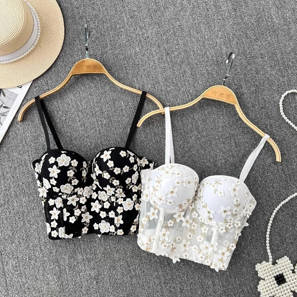 Women Crocheted 3D Lace Corset Stylish Floral Embroidery Bustier Push Up Bra Lady Tank Top Elegant Cropped Top Club Party Bralet