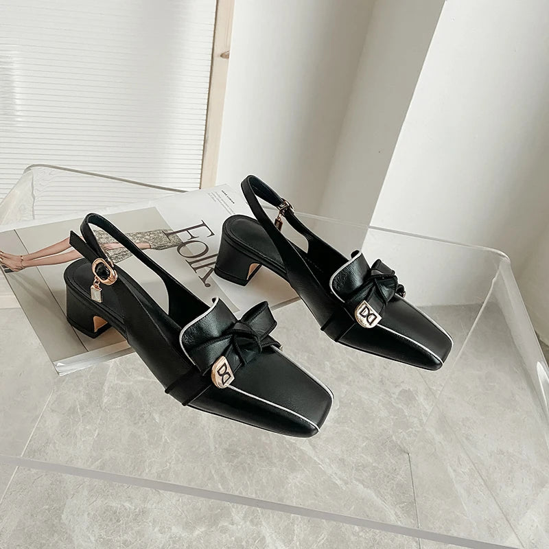 Dilalula 2025 French Style Genuine Leather Sandals Women Covered Toe Butterfly Knot Party Dating Sandals Office Ladies Pumps