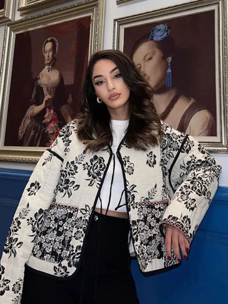 HH Floral Print Jacket For Women Autumn Quilted Reversible Cotton Coat Cardigan Long Sleeve Jackets Elegant Woman Streetwear