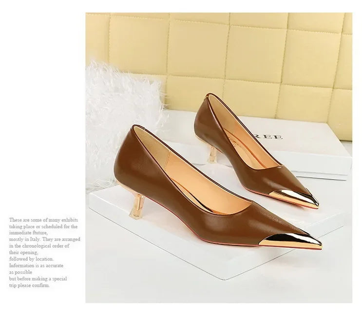 BIGTREE Retro Shallow Metal Pointed Toe High Heels Women Pumps  Stripper Elegant Party Thin Low Heels Black Heels Shoes