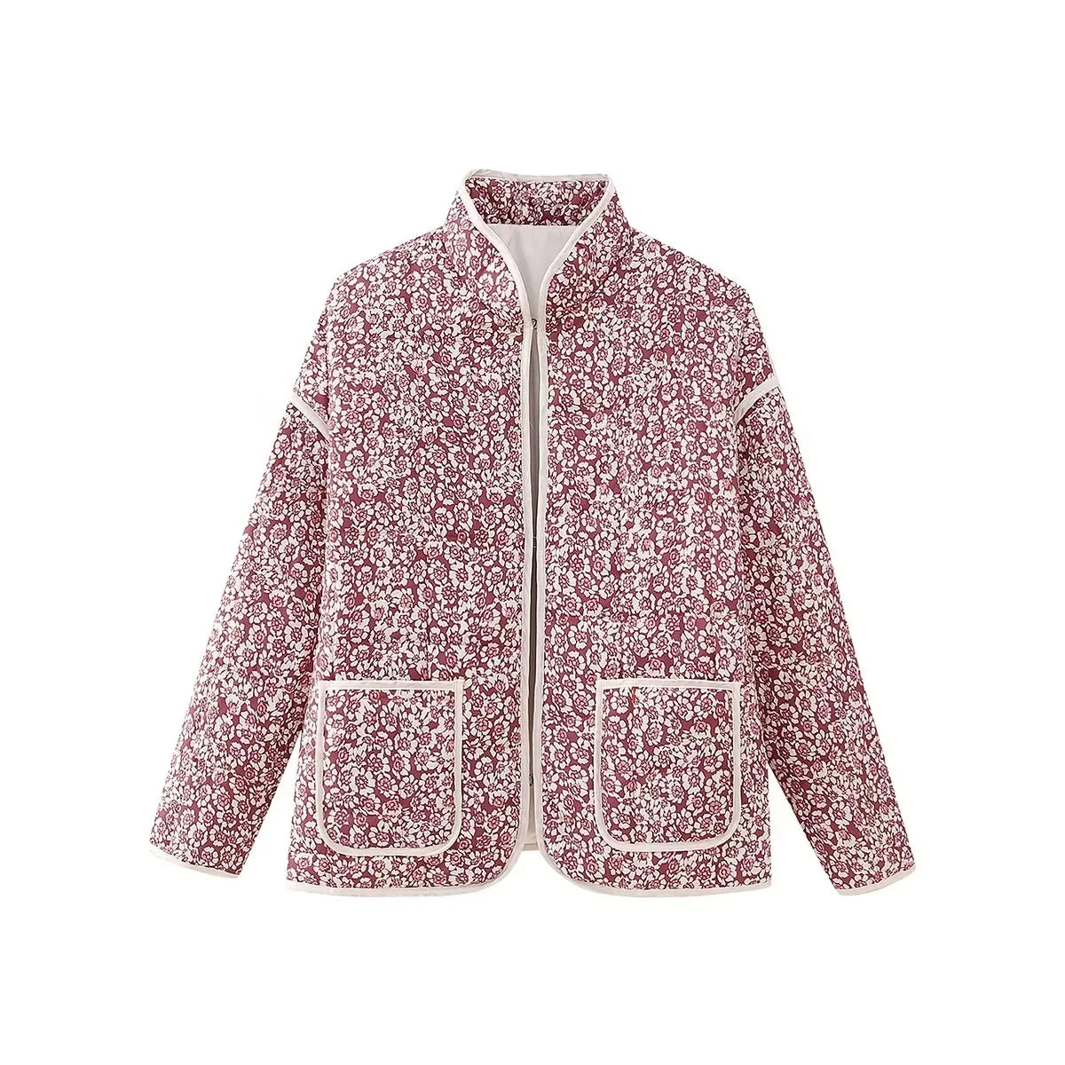 HH Floral Print Jacket For Women Autumn Quilted Reversible Cotton Coat Cardigan Long Sleeve Jackets Elegant Woman Streetwear