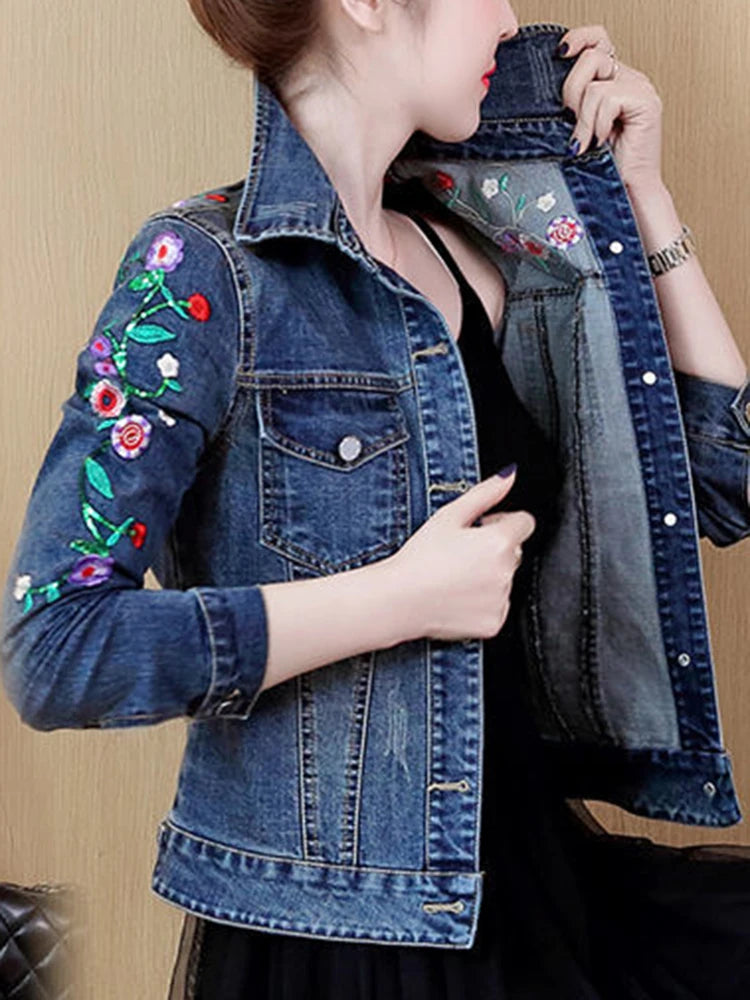 Embroidered denim jacket women's short 2025 spring and autumn new versatile elastic slim denim jacket Korean version jacket top