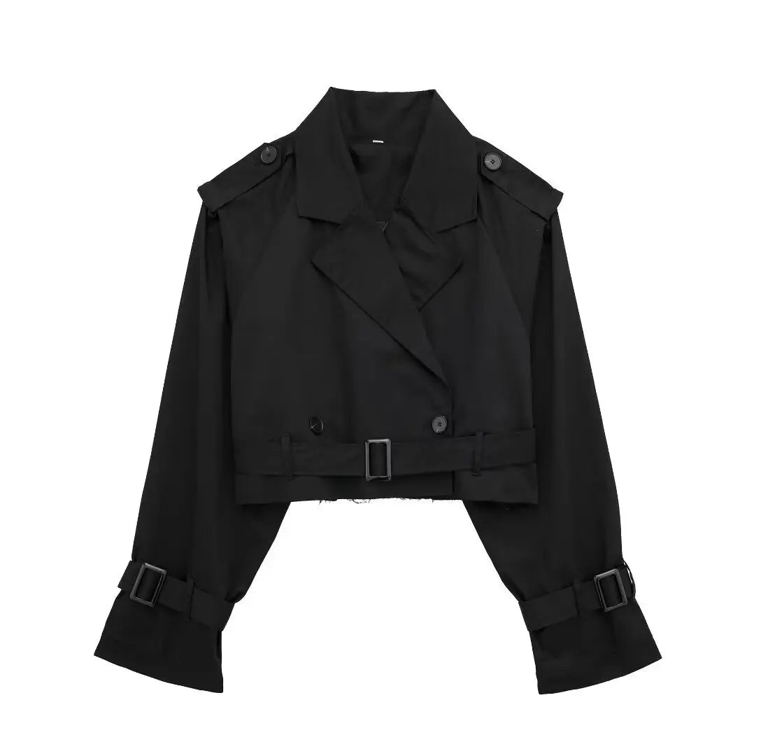 HH 2025 Women Belt Cropped Trench Spring Jacket Vintage Streetwear Double Breasted Long Sleeve Top Female Coat Outfits