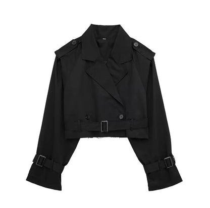 HH 2025 Women Belt Cropped Trench Spring Jacket Vintage Streetwear Double Breasted Long Sleeve Top Female Coat Outfits