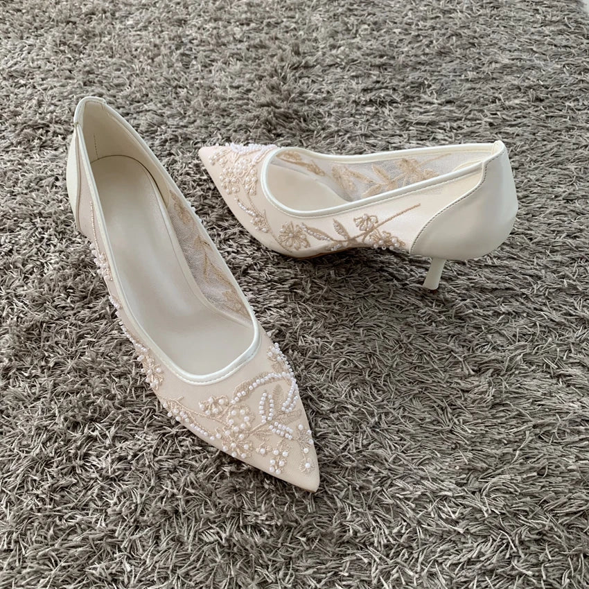 String Bead Mesh Embroider High Heels Women Sexy Pointed Toe Heeled Sandals Summer Elegant Luxury Designer Wedding Pumps Shoes
