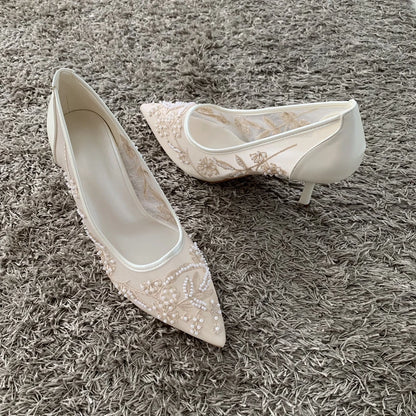 String Bead Mesh Embroider High Heels Women Sexy Pointed Toe Heeled Sandals Summer Elegant Luxury Designer Wedding Pumps Shoes