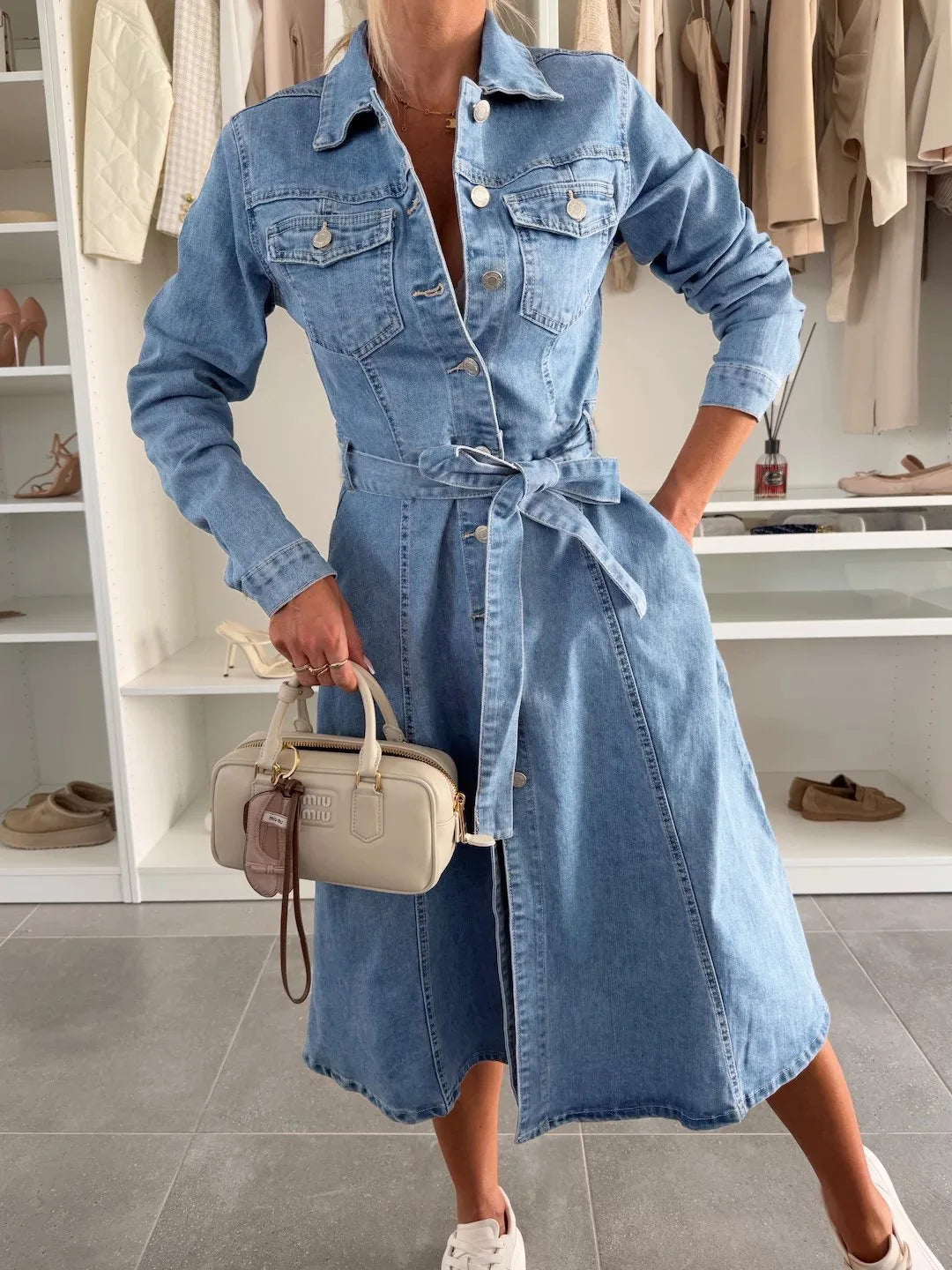 2026 NEW Women's Casual Dresses Elegant Light Blue Denim Dress for Women Long Sleeve Button Up Belted Midi Dress