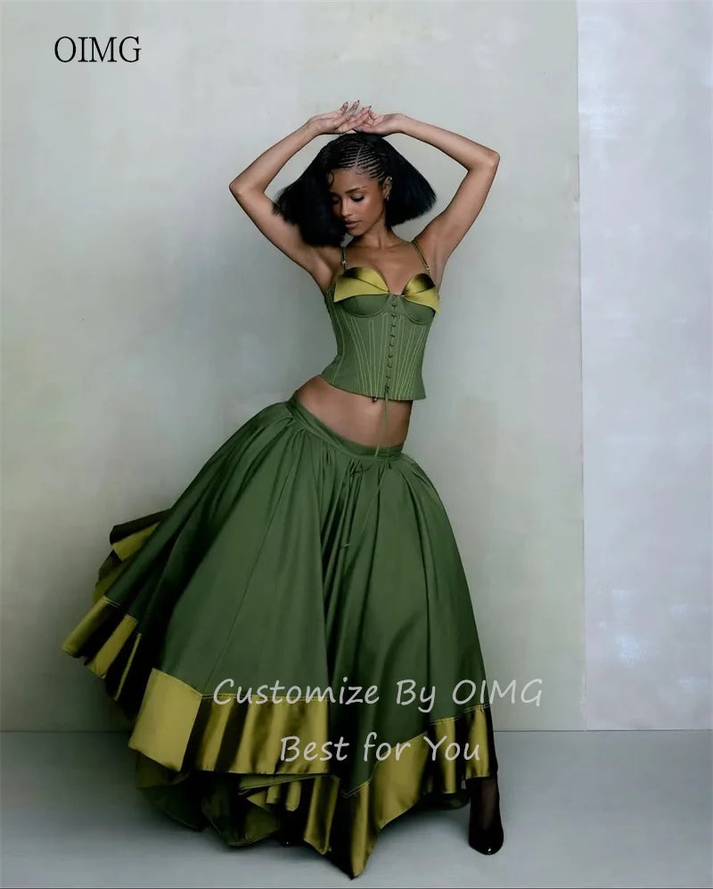 OIMG Modern Green Sweetheart Neck A Line Prom Gowns Satin Spaghetti Strap Party Gown Floor Length Evening Dress Customized