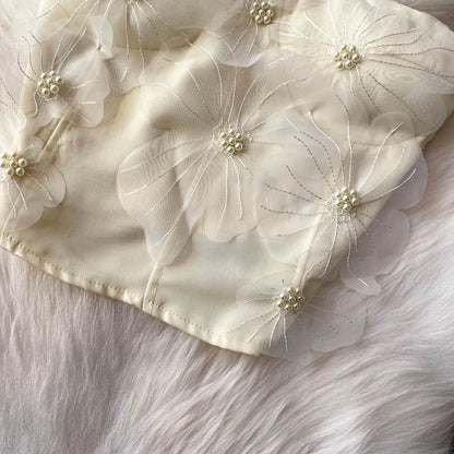 Embellished Short Crop Top Women's Vest with Chest Pad 3D Flower Decoration Slimming Effect Summer Fashion