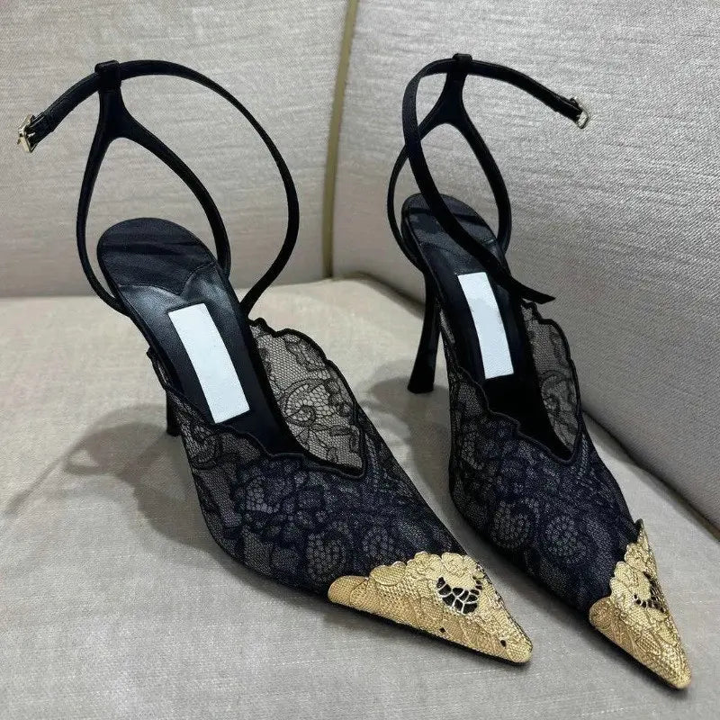2026 Fashion Lace Sequin Hollow Out Mesh Women Pumps Sexy Pointed Toe Designer Low Heels Slingback Sandals Ladies Shoes
