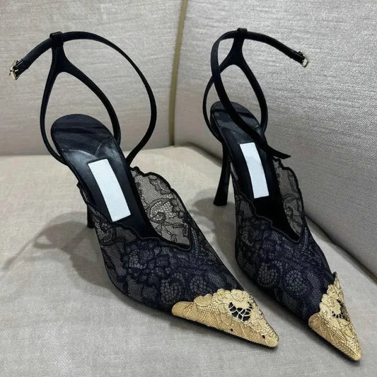 2026 Fashion Lace Sequin Hollow Out Mesh Women Pumps Sexy Pointed Toe Designer Low Heels Slingback Sandals Ladies Shoes