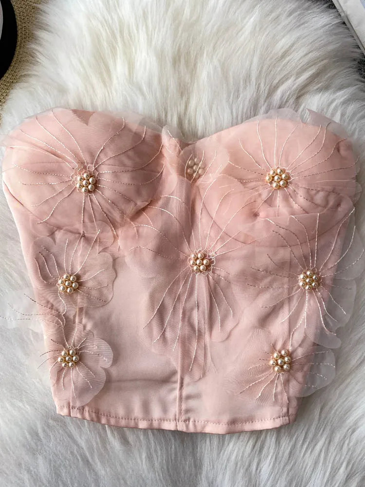Embellished Short Crop Top Women's Vest with Chest Pad 3D Flower Decoration Slimming Effect Summer Fashion