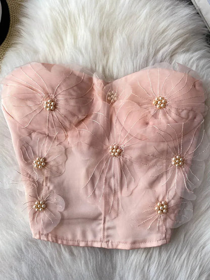 Embellished Short Crop Top Women's Vest with Chest Pad 3D Flower Decoration Slimming Effect Summer Fashion