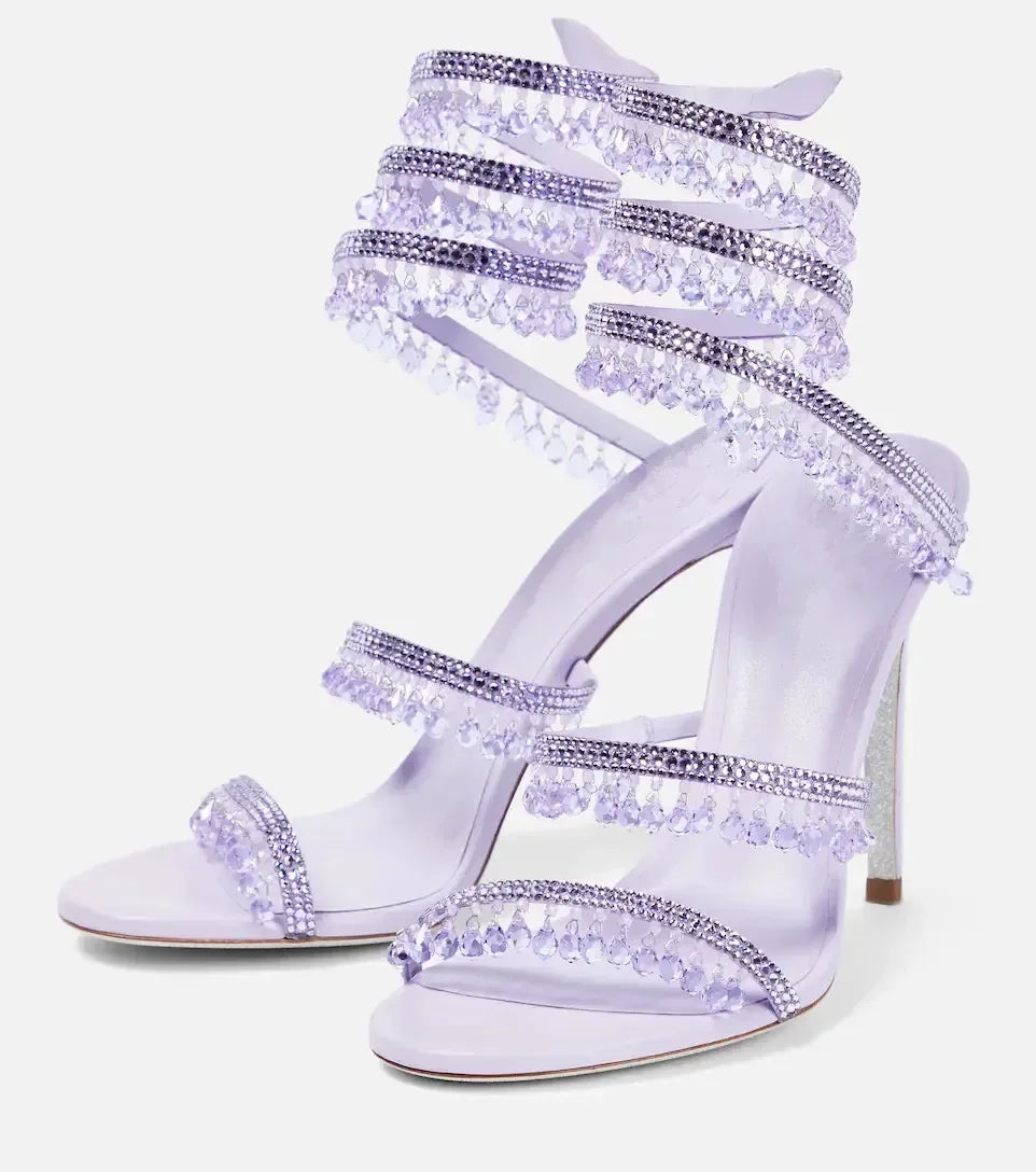 2024Women's New Water Diamond Sandals Fashion Tassel Crystal Shoes Sexy Banquet Party Twin Stiletto Women's Large Sandals