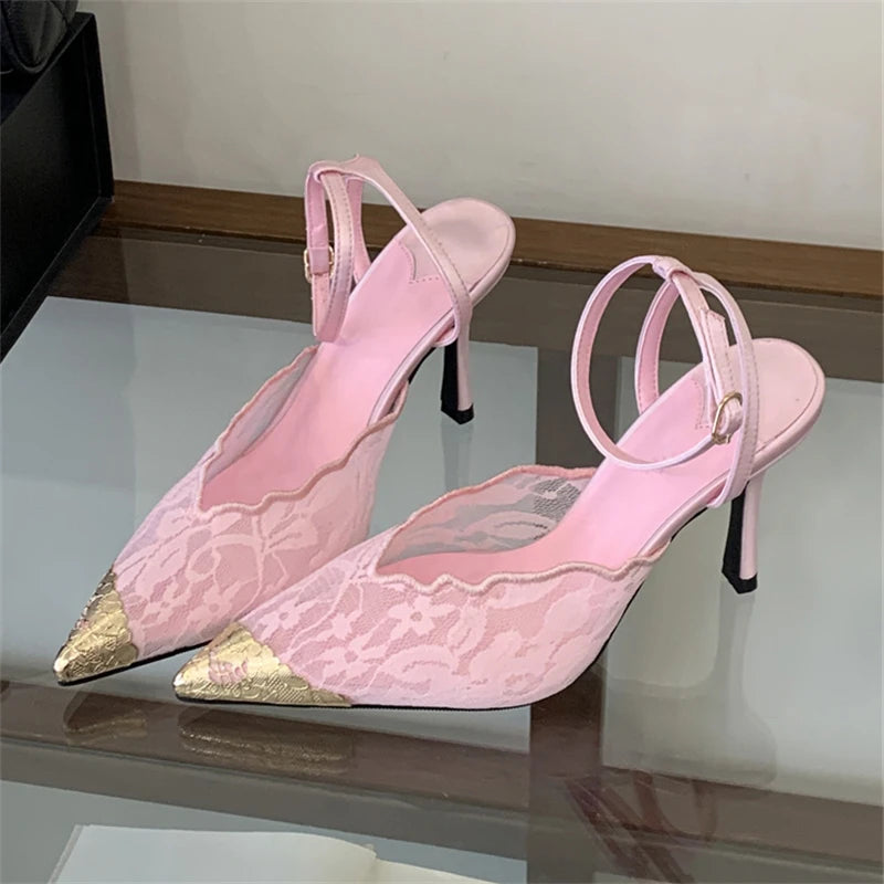 Eilyken New Design Breathable Mesh Thin High Heels Woman Pumps Elegant Pointed Toe Buckle Strap Party Prom Mule Shoes