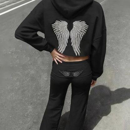 Spring autumn Women's Hoodie Trousers 2piece Set Solid Vintage Shiny Wing Print Long Sleeve Zip Up Casual Sweatshirt Streetwear