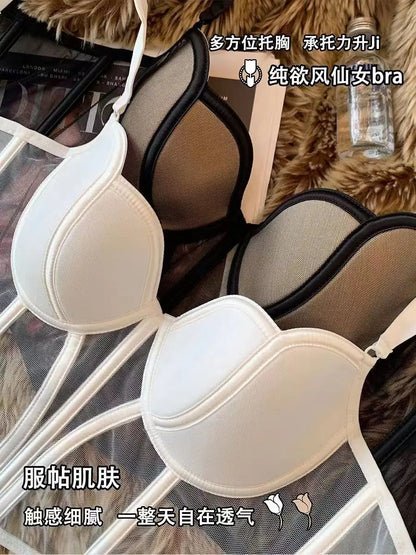 French Ladies Transparent Mesh Corset Sexy Shaper Thin Bra Set Night Club Sweet Cropped Top Girls Hot Bra and Panties Bralette