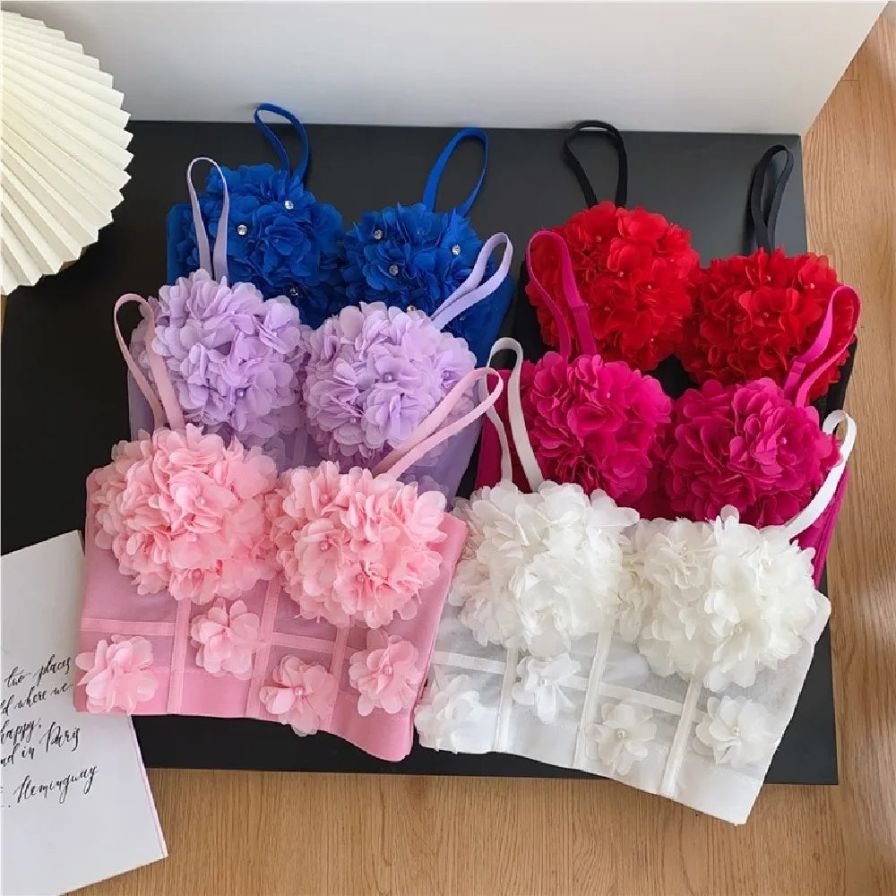 Sexy Beachwear Corset 3D Floral Applique Cute Women Deading Design Bustier Ladies Event Party Crop Top Short French Sweet Cami