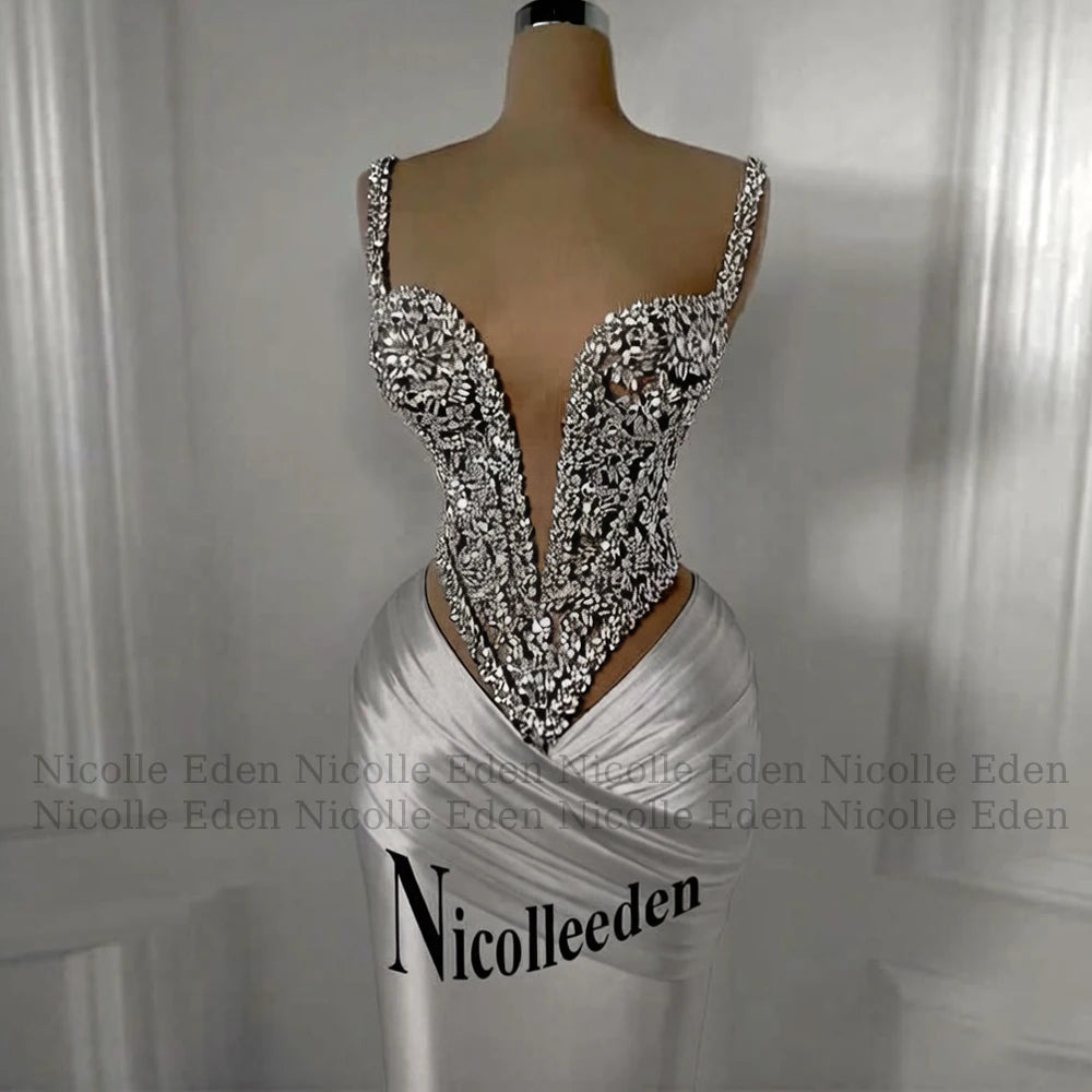 Nicolle Charming Spaghetti Straps Evening Dresses for Women Rhinestones Pageant Celebrity Dresses Vestidos De Gala Customized