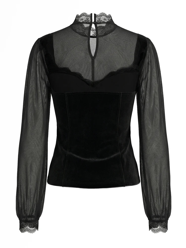 Women's Spring/Fall 2026 New Arrival Elegant Lace-Panel Cutout Bell-Sleeve Tie-Waist Top Everyday Lace-Panel Design