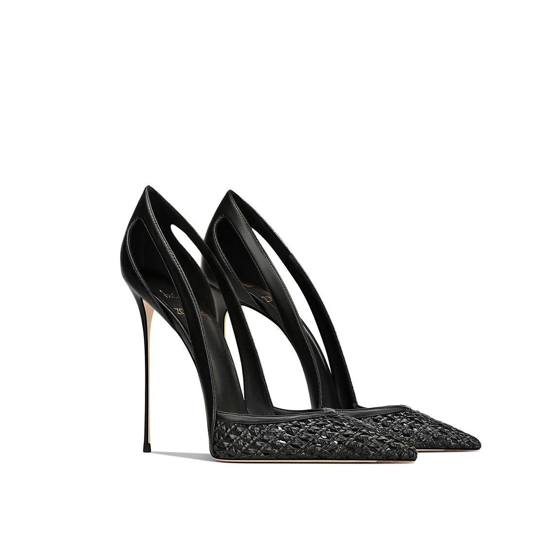 Summer New Women's Black Leather Woven Fashionable and Sexy Pointed Thin Heel High-heeled Shoes