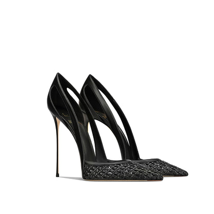 Summer New Women's Black Leather Woven Fashionable and Sexy Pointed Thin Heel High-heeled Shoes