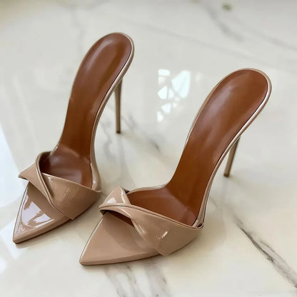 New Arrival Women's Slippers Nude PU Leather Pointed Toe 12cm Stiletto Mules Elegant High Heel Slides for Party Catwalk Shoes