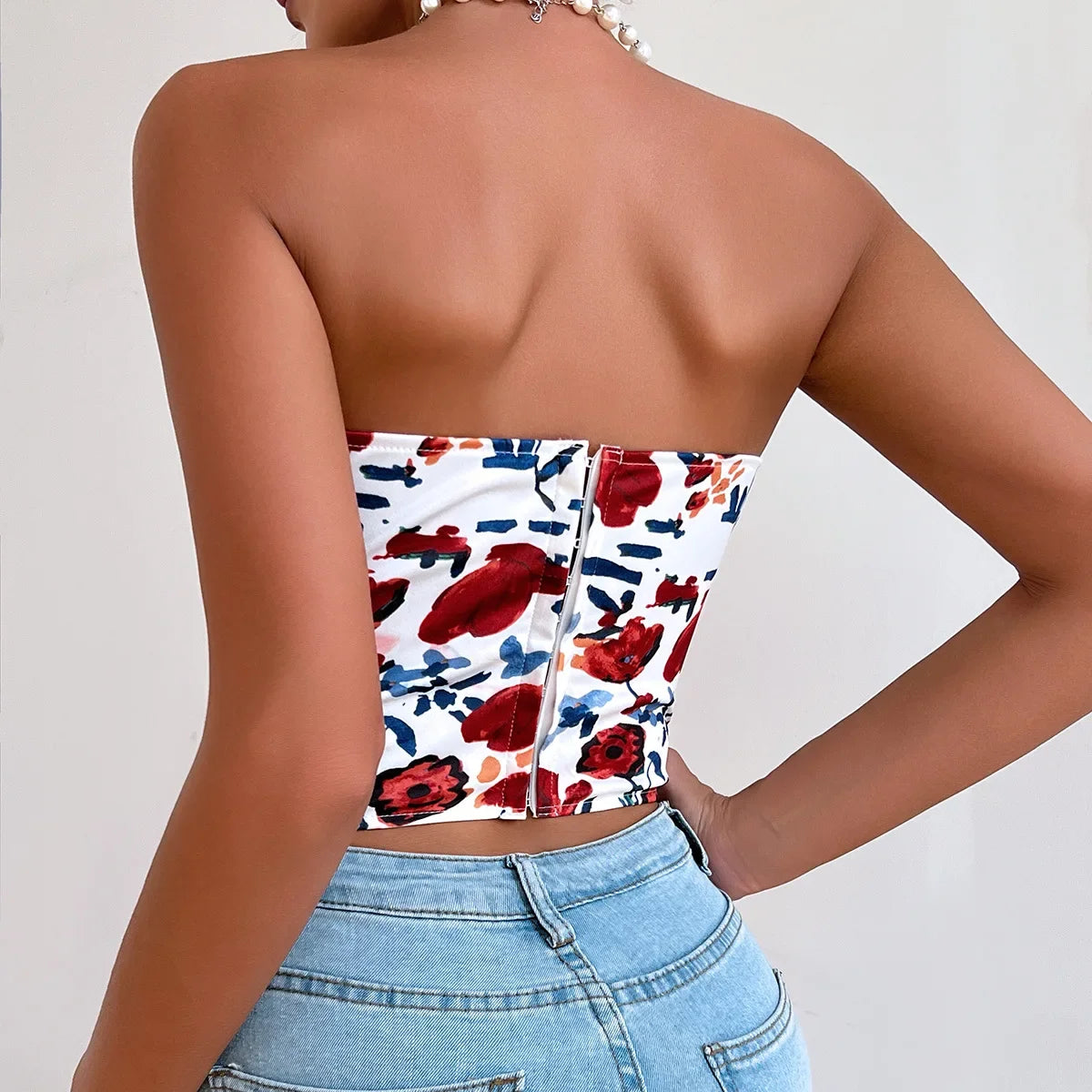 Women Floral Top Sexy Spicy Girl Tank Top Low cut Open Back Flower Wrapped Chest Diamond Fish Bone Strap Waist Vest Tank Top Y2K