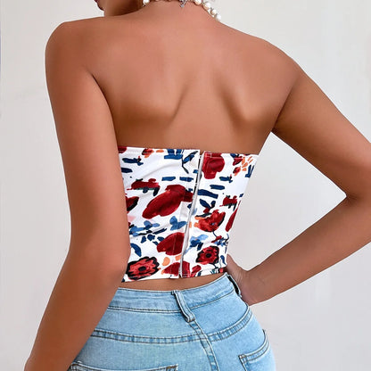 Women Floral Top Sexy Spicy Girl Tank Top Low cut Open Back Flower Wrapped Chest Diamond Fish Bone Strap Waist Vest Tank Top Y2K
