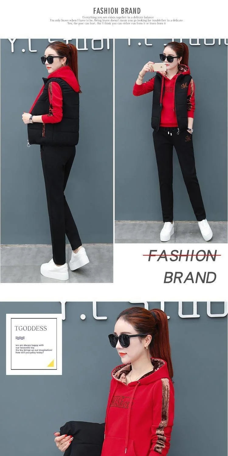 Women's Casual Fashion Autumn Winter New Sweat Suit Plush Thickened Hooded Tops and Waistcoat Pants 3 Three Piece Sets For Women