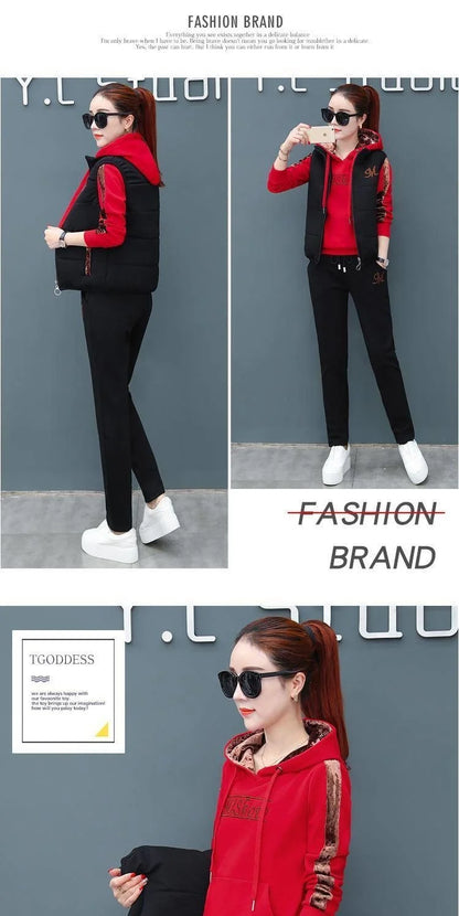 Women's Casual Fashion Autumn Winter New Sweat Suit Plush Thickened Hooded Tops and Waistcoat Pants 3 Three Piece Sets For Women